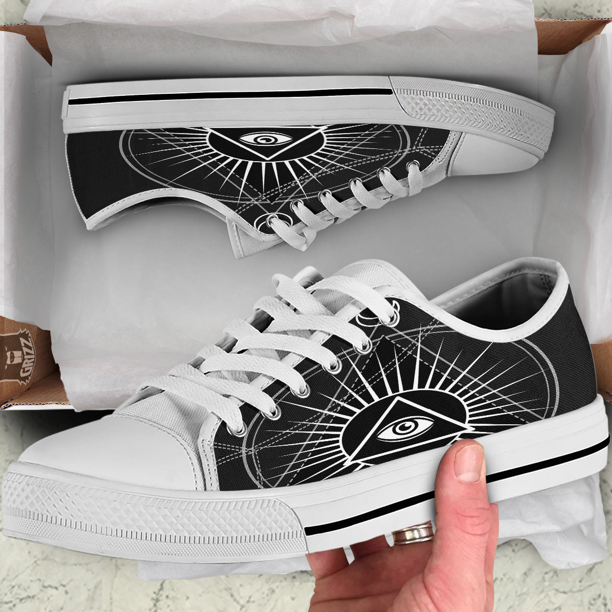 All Seeing Eye White And Black Print White Low Top Shoes-grizzshop