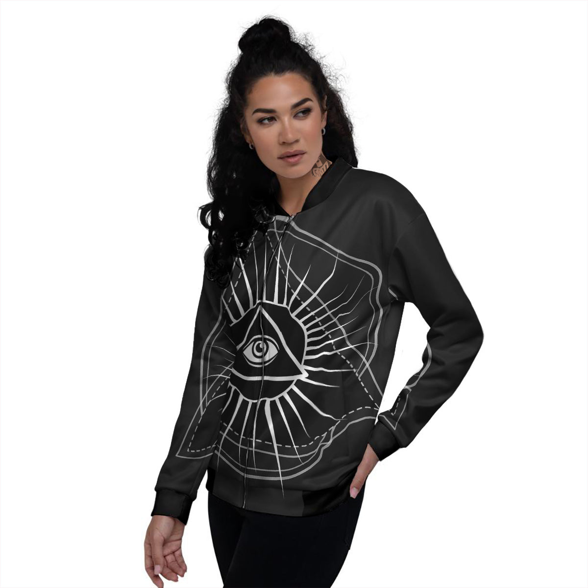 All Seeing Eye White And Black Print Women's Bomber Jacket-grizzshop