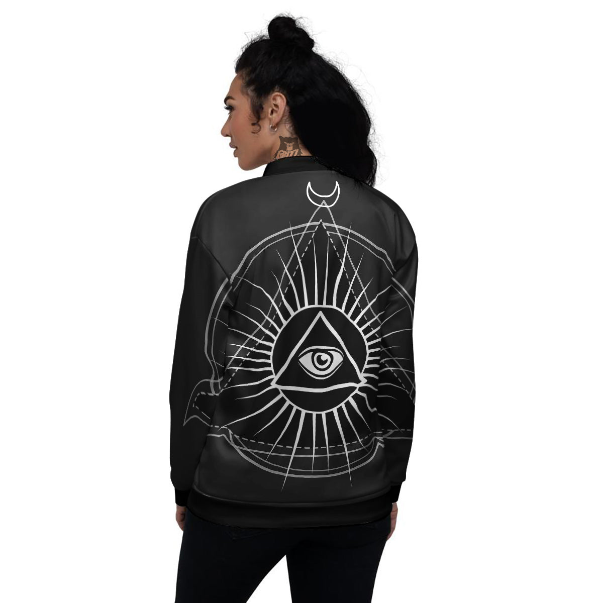 All Seeing Eye White And Black Print Women's Bomber Jacket-grizzshop