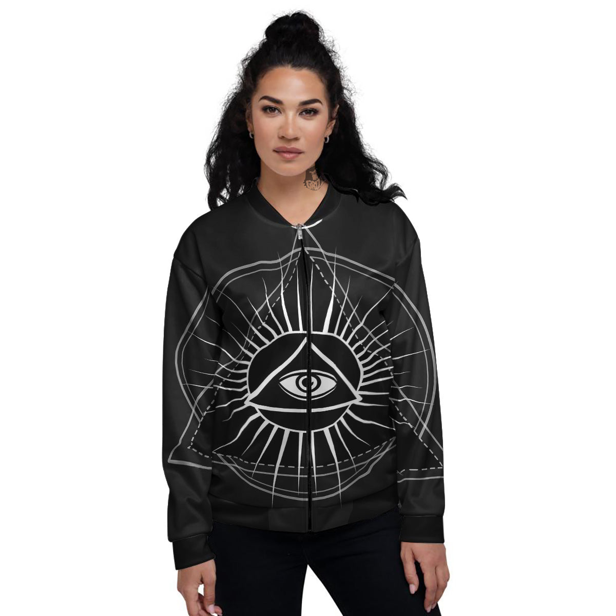 All Seeing Eye White And Black Print Women's Bomber Jacket-grizzshop