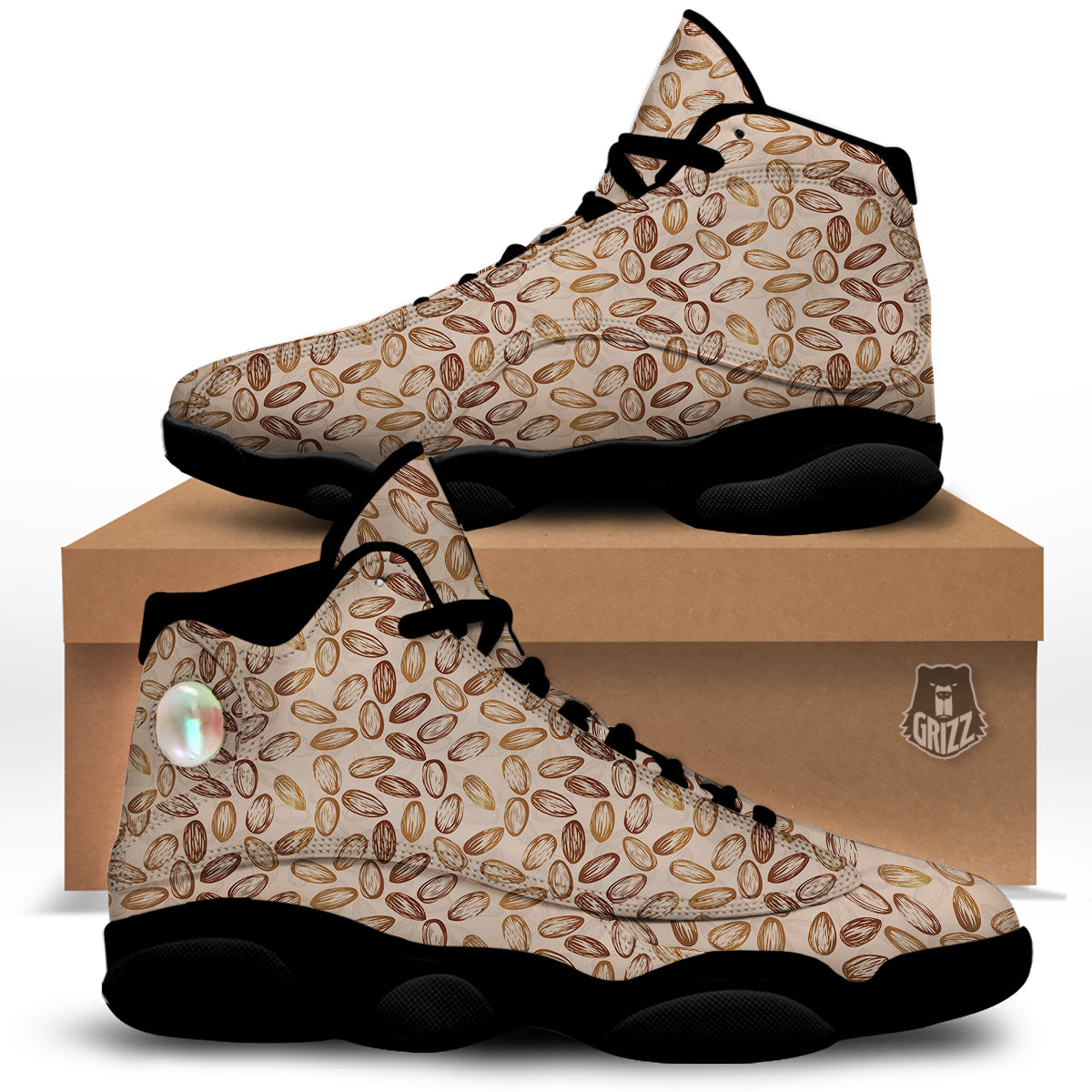 Almond Beige Print Pattern Black Basketball Shoes-grizzshop