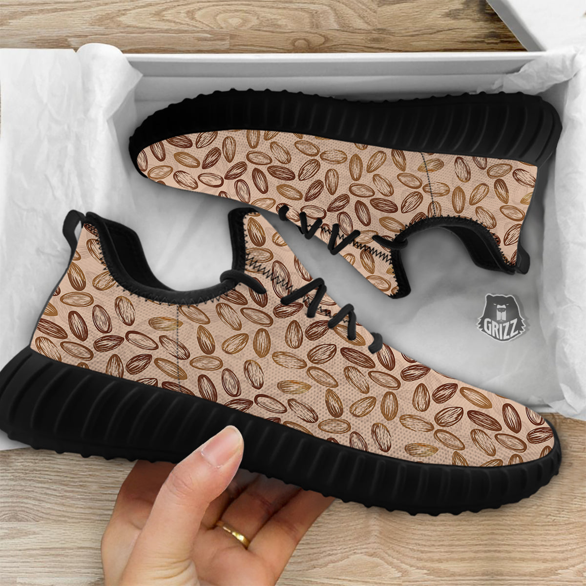 Almond Beige Print Pattern Black Walking Shoes-grizzshop
