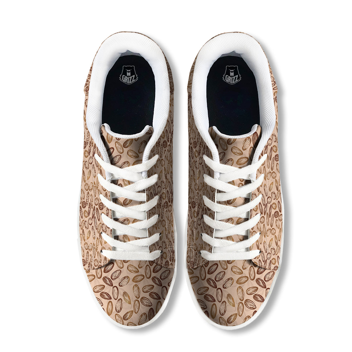 Almond Beige Print Pattern White Low Top Sneakers-grizzshop