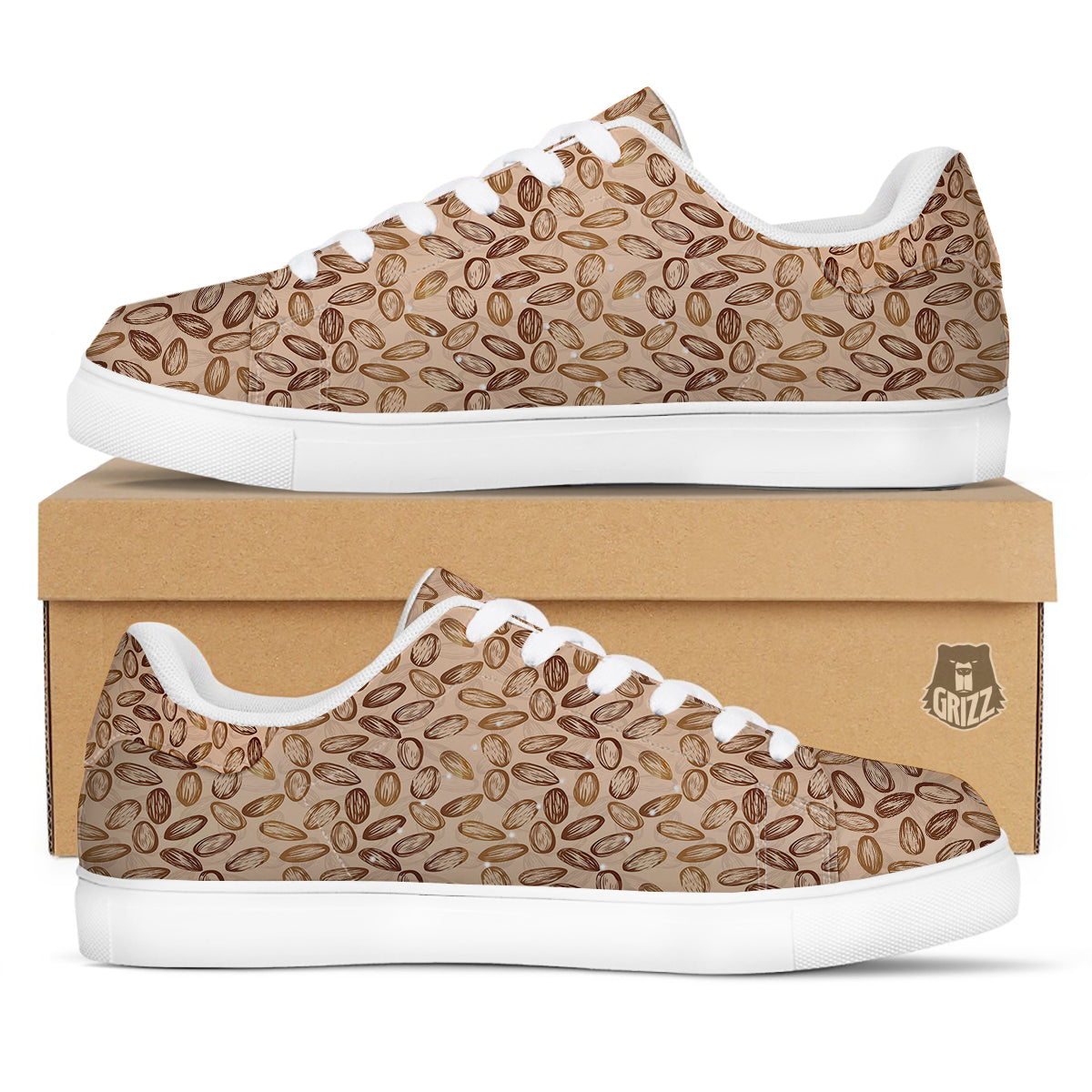 Almond Beige Print Pattern White Low Top Sneakers-grizzshop