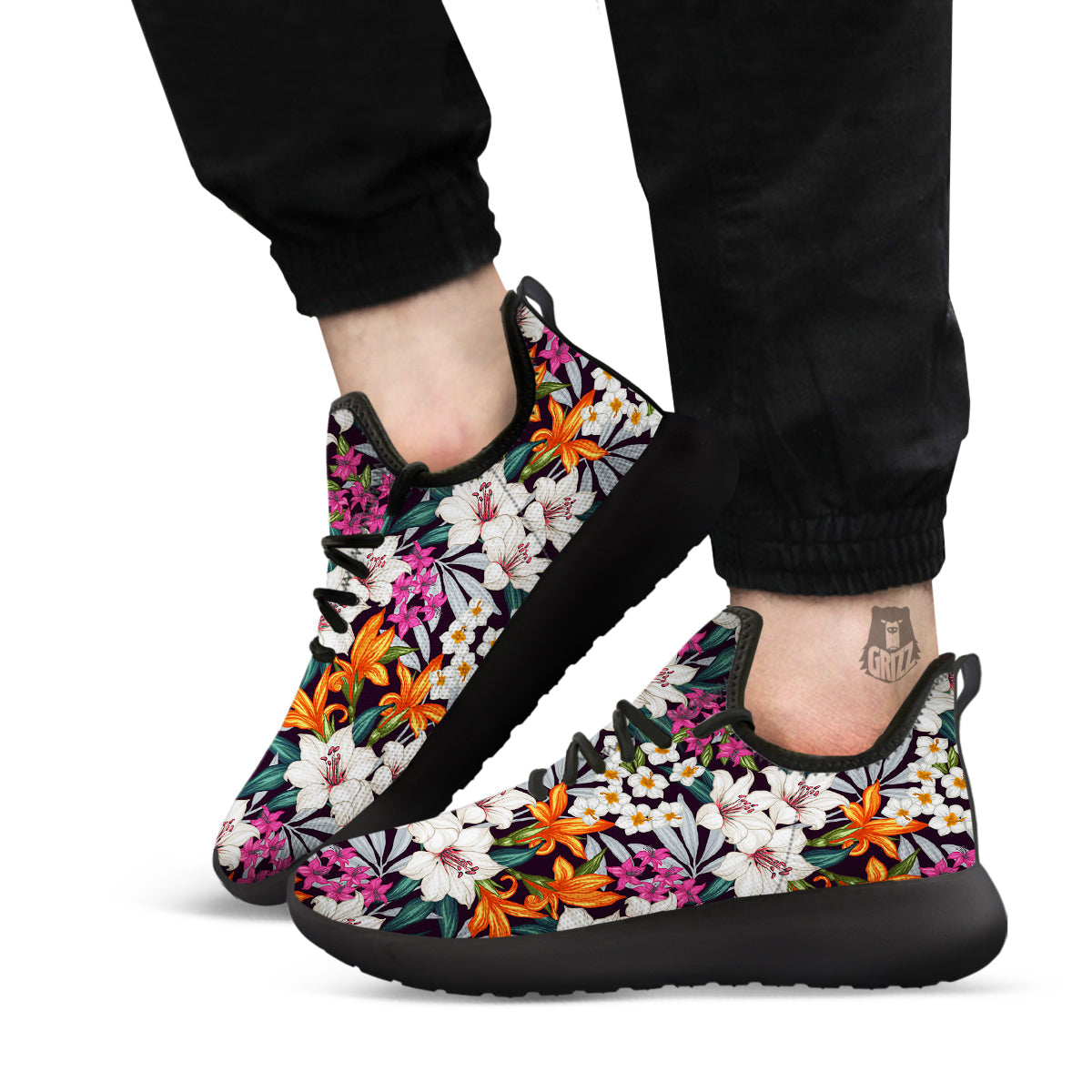 Aloha Flower Tropical Print Pattern Black Athletic Shoes-grizzshop