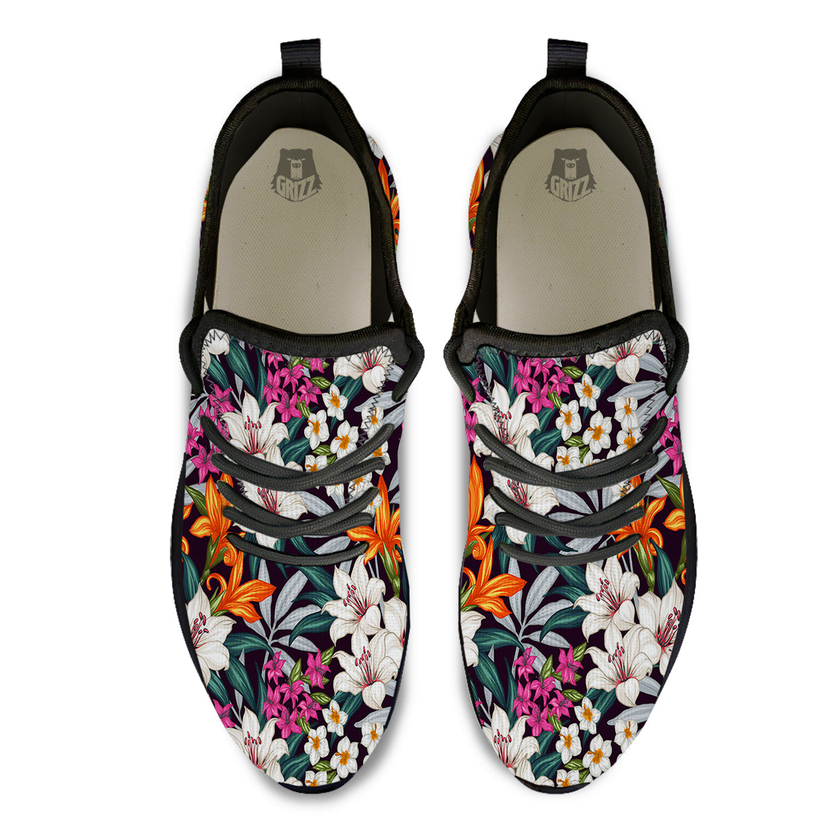 Aloha Flower Tropical Print Pattern Black Athletic Shoes-grizzshop