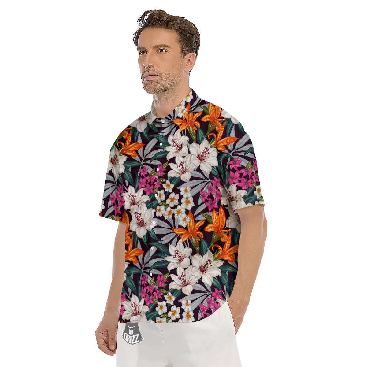 Aloha Flower Tropical Print Pattern Men's Short Sleeve Shirts-grizzshop