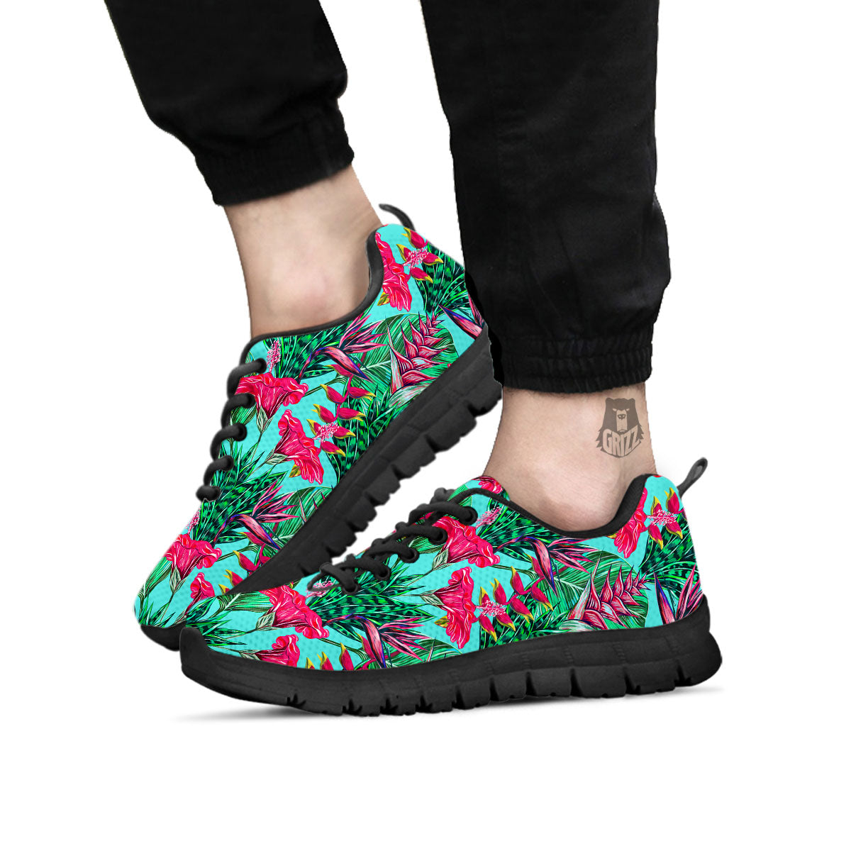 Aloha Hibiscus Hot Teal Pink Print Pattern Black Sneaker-grizzshop