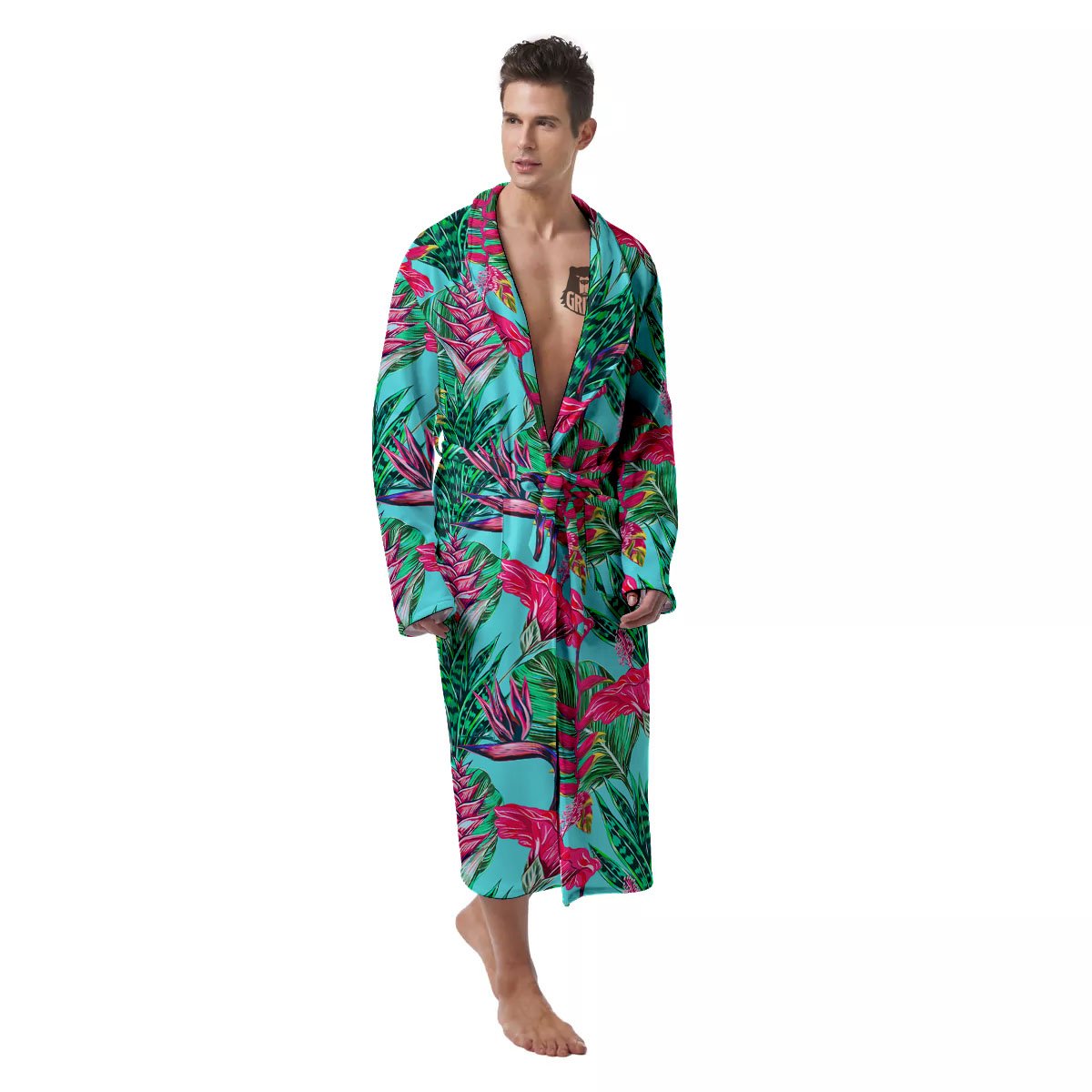 Aloha Hibiscus Hot Teal Pink Print Pattern Men's Robe-grizzshop