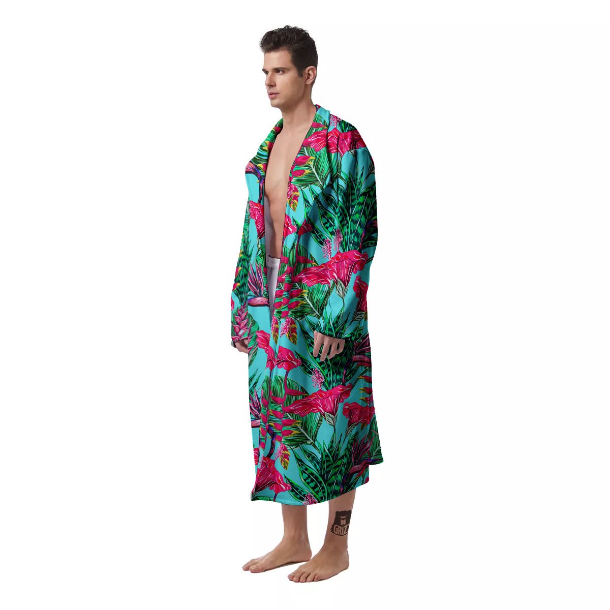 Aloha Hibiscus Hot Teal Pink Print Pattern Men's Robe-grizzshop