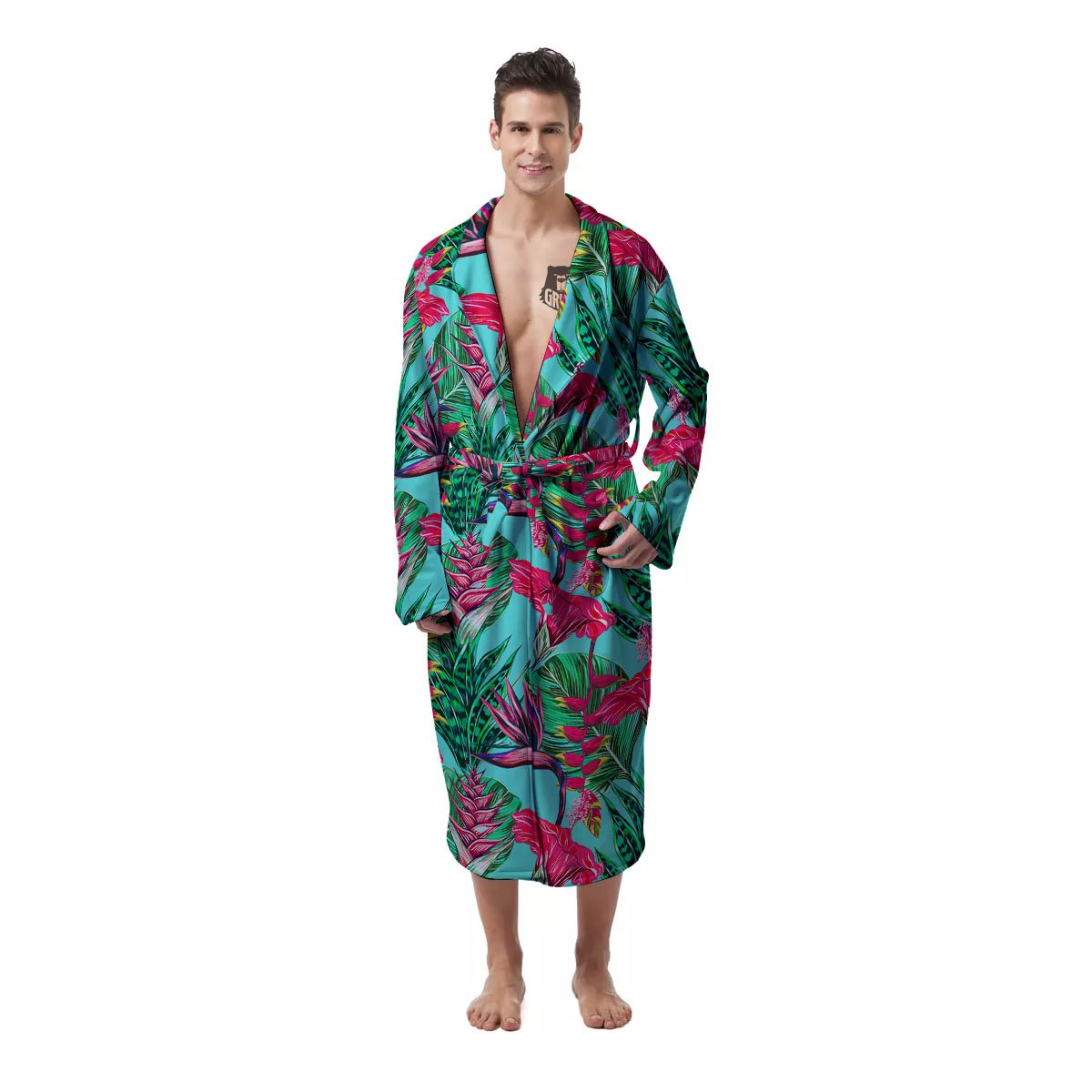 Aloha Hibiscus Hot Teal Pink Print Pattern Men's Robe-grizzshop