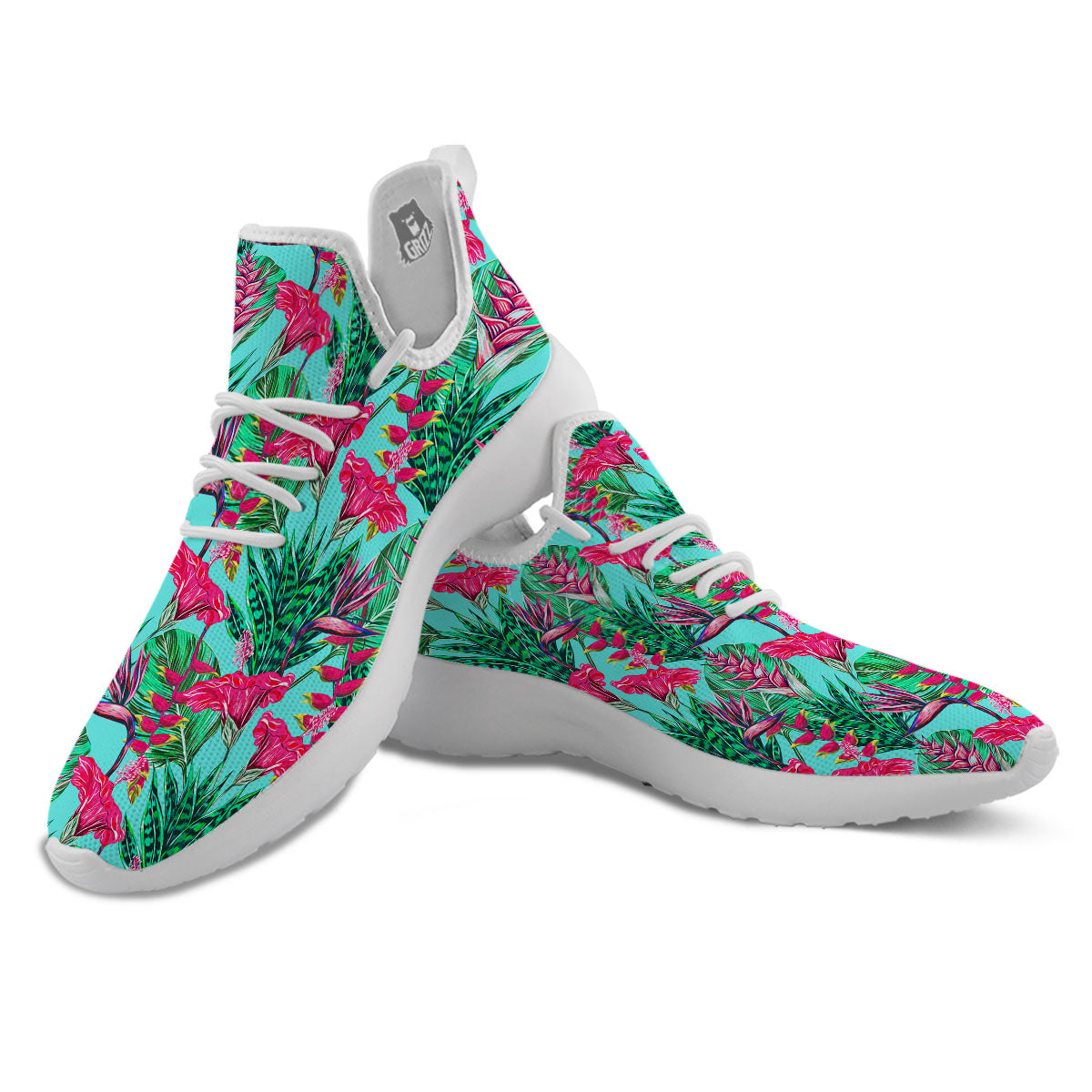 Aloha Hibiscus Hot Teal Pink Print Pattern White Athletic Shoes-grizzshop