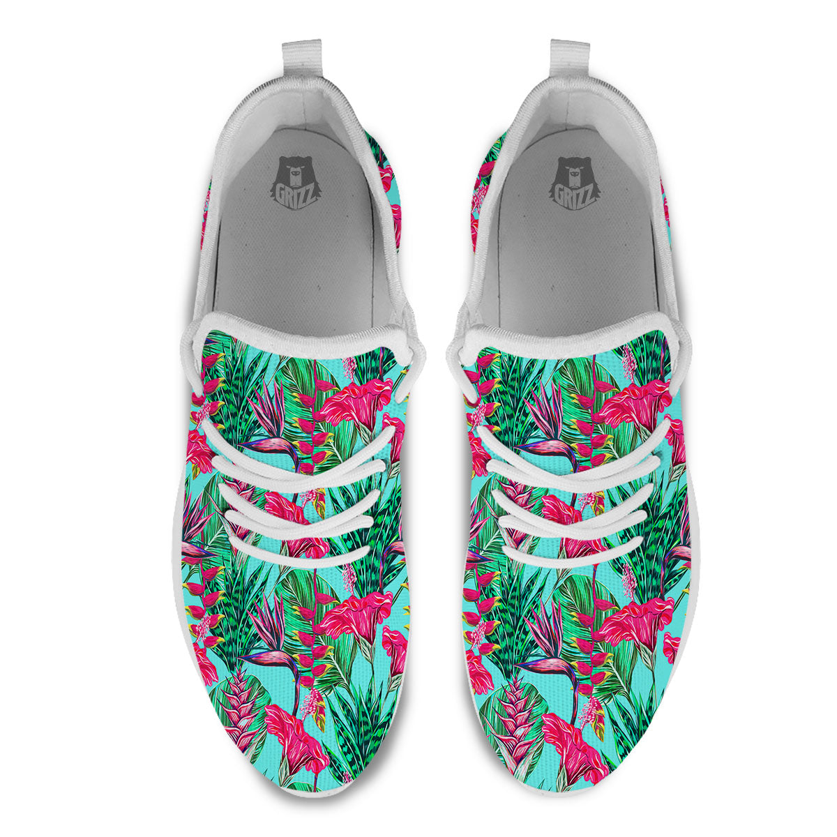 Aloha Hibiscus Hot Teal Pink Print Pattern White Athletic Shoes-grizzshop