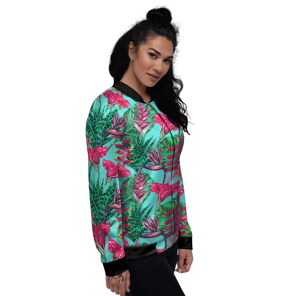 Aloha Hibiscus Hot Teal Pink Print Pattern Women's Bomber Jacket-grizzshop