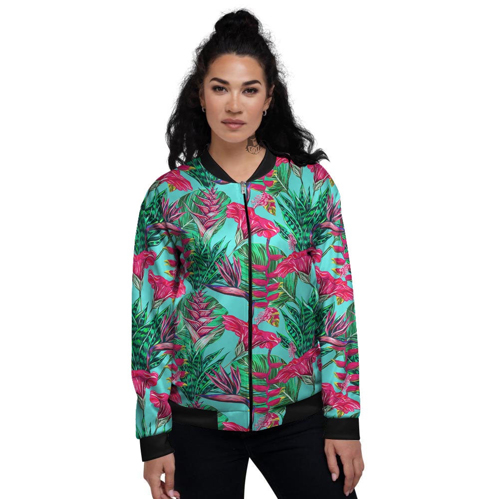 Aloha Hibiscus Hot Teal Pink Print Pattern Women's Bomber Jacket-grizzshop