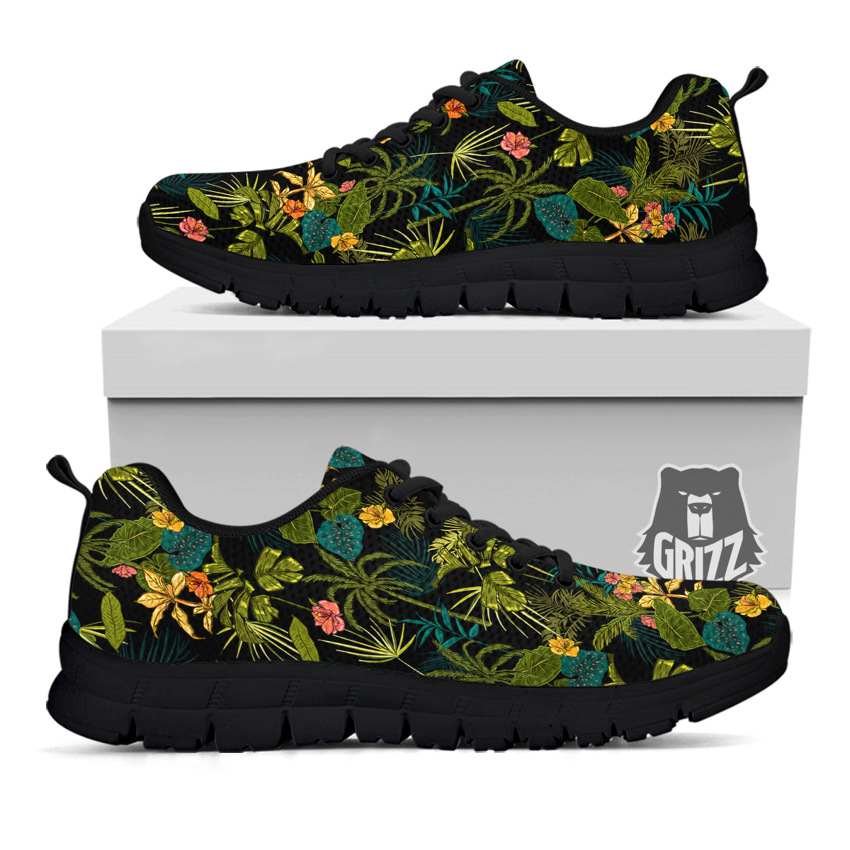 Aloha Hibiscus Tropical Print Pattern Black Sneaker-grizzshop
