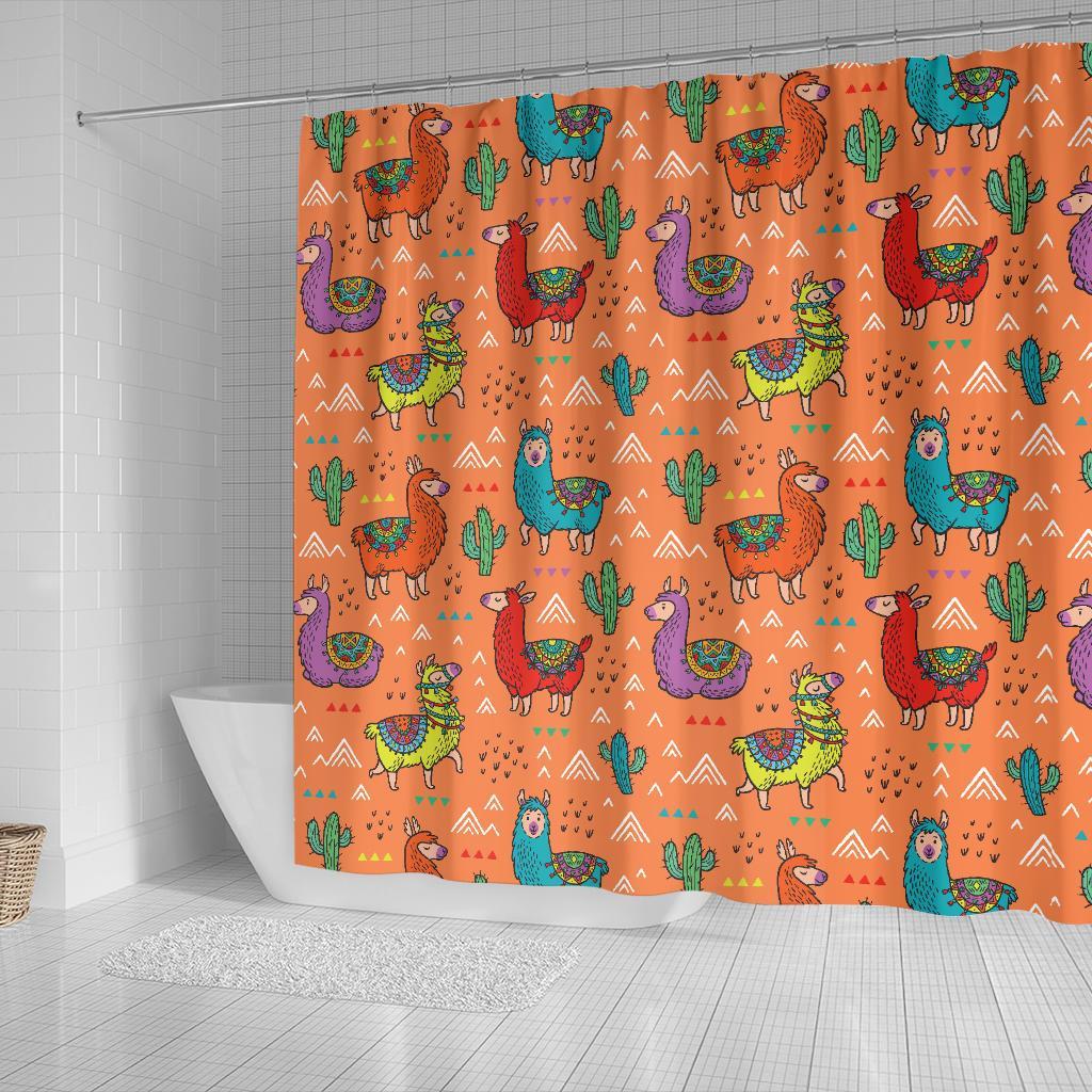 Alpaca Cactus Pattern Print Bathroom Shower Curtain-grizzshop