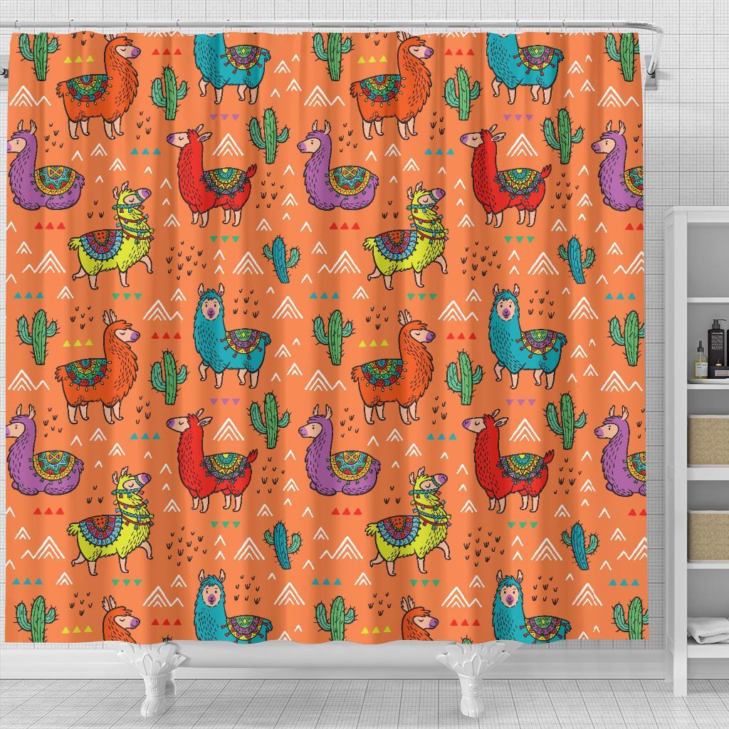 Alpaca Cactus Pattern Print Bathroom Shower Curtain-grizzshop