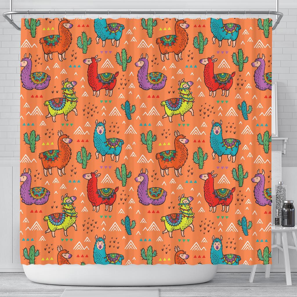 Alpaca Cactus Pattern Print Bathroom Shower Curtain-grizzshop