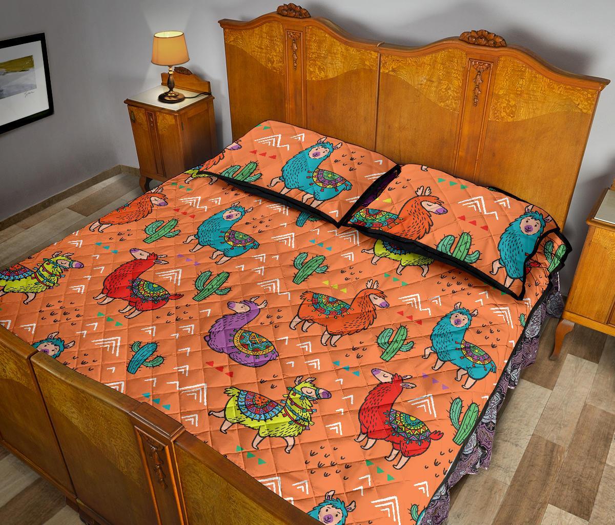 Alpaca Cactus Pattern Print Bed Set Quilt-grizzshop