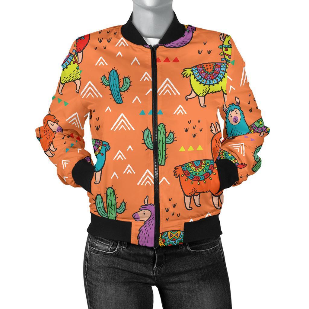 Alpaca Cactus Pattern Print Women Casual Bomber Jacket-grizzshop