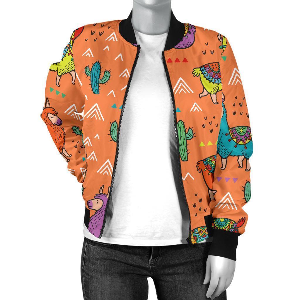 Alpaca Cactus Pattern Print Women Casual Bomber Jacket-grizzshop