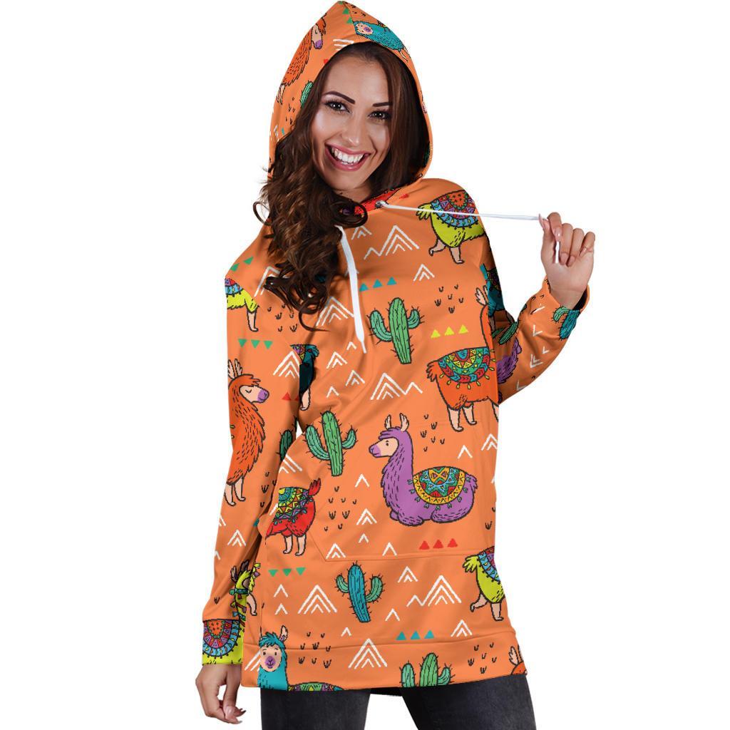 Alpaca Cactus Pattern Print Women Hoodie Dress-grizzshop