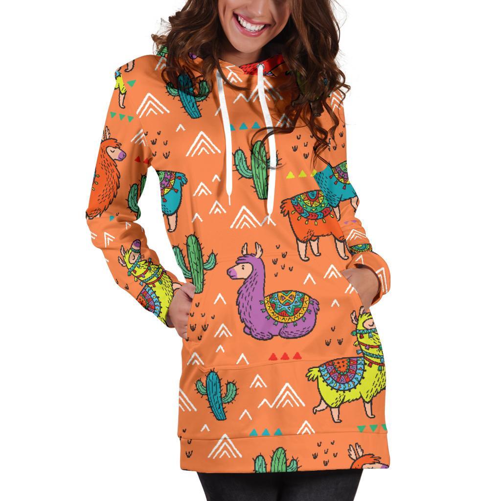 Alpaca Cactus Pattern Print Women Hoodie Dress-grizzshop