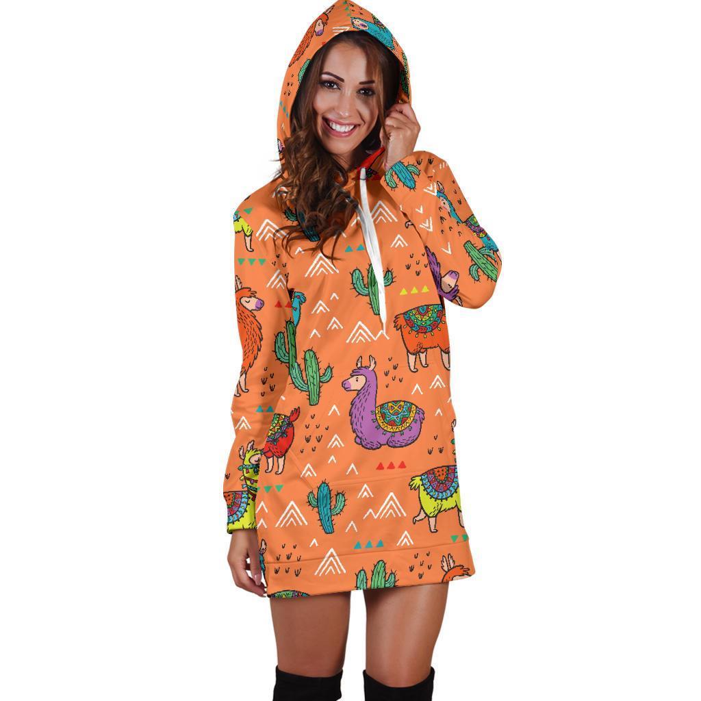 Alpaca Cactus Pattern Print Women Hoodie Dress-grizzshop