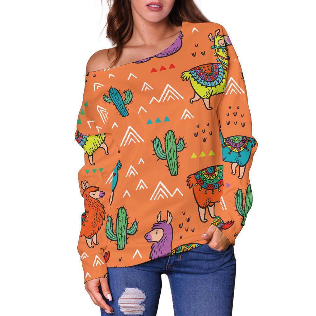 Alpaca Cactus Pattern Print Women Off Shoulder Sweatshirt-grizzshop