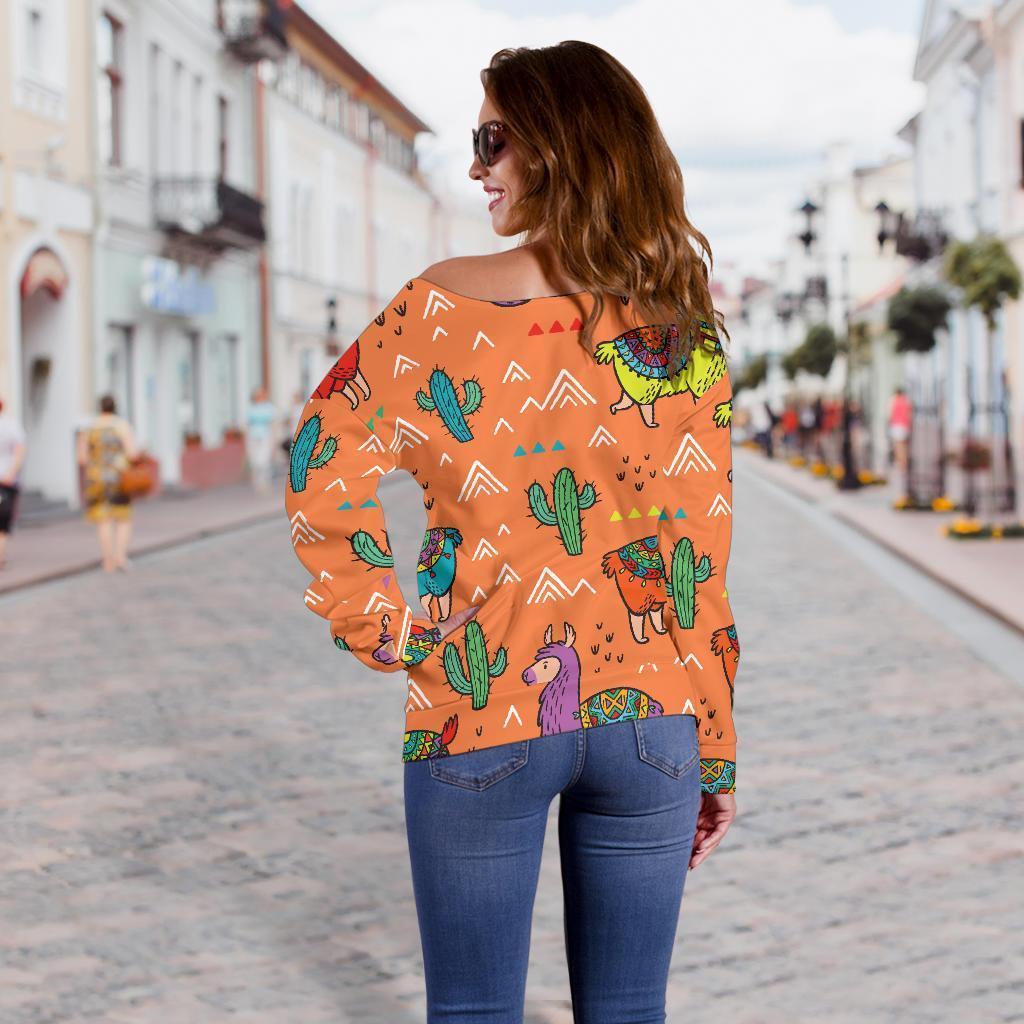 Alpaca Cactus Pattern Print Women Off Shoulder Sweatshirt-grizzshop
