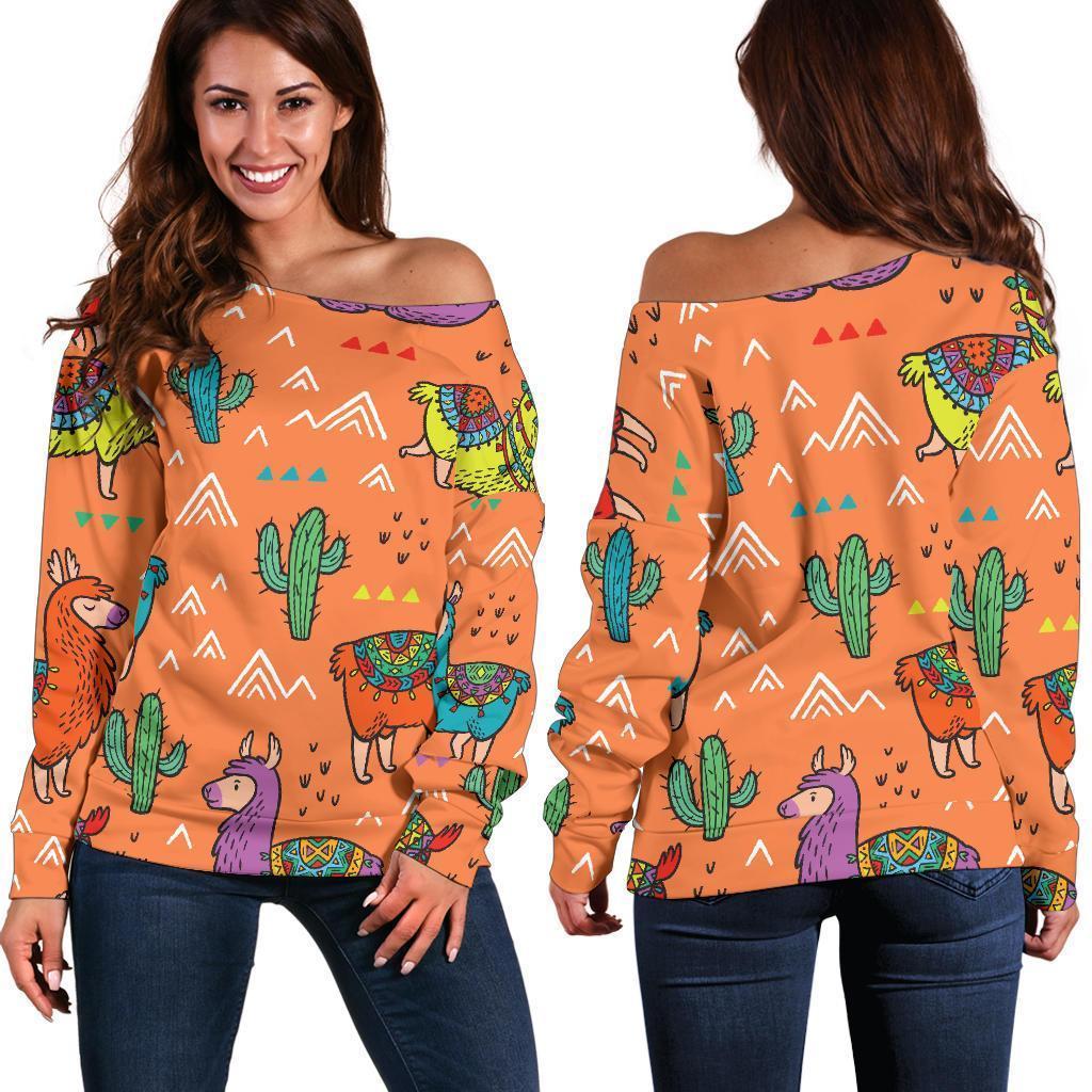 Alpaca Cactus Pattern Print Women Off Shoulder Sweatshirt-grizzshop