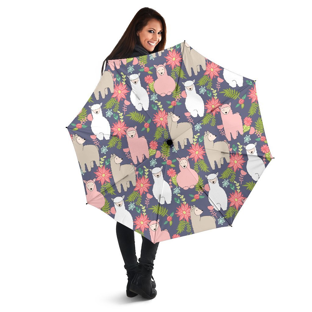 Alpaca Floral Pattern Print Automatic Foldable Umbrella-grizzshop