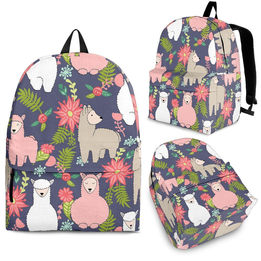 Alpaca Floral Pattern Print Backpack-grizzshop