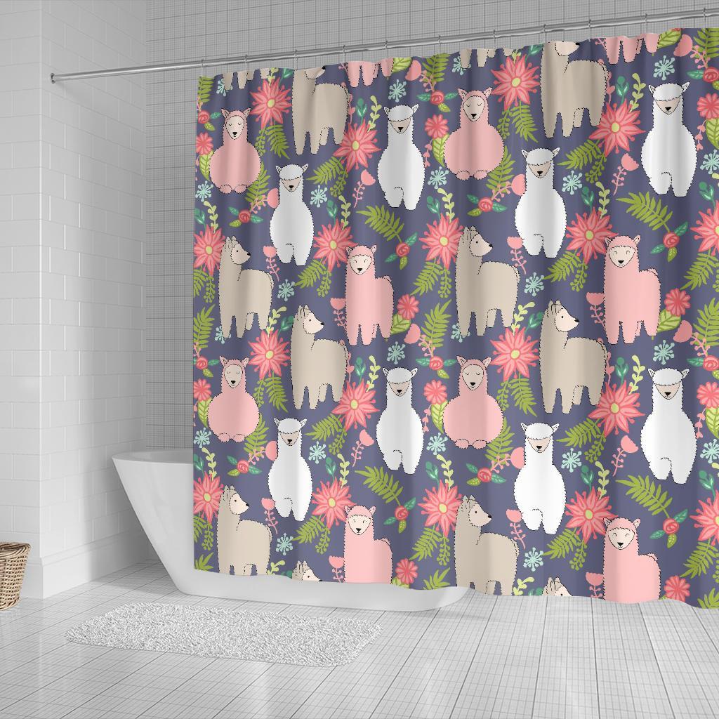 Alpaca Floral Pattern Print Bathroom Shower Curtain-grizzshop