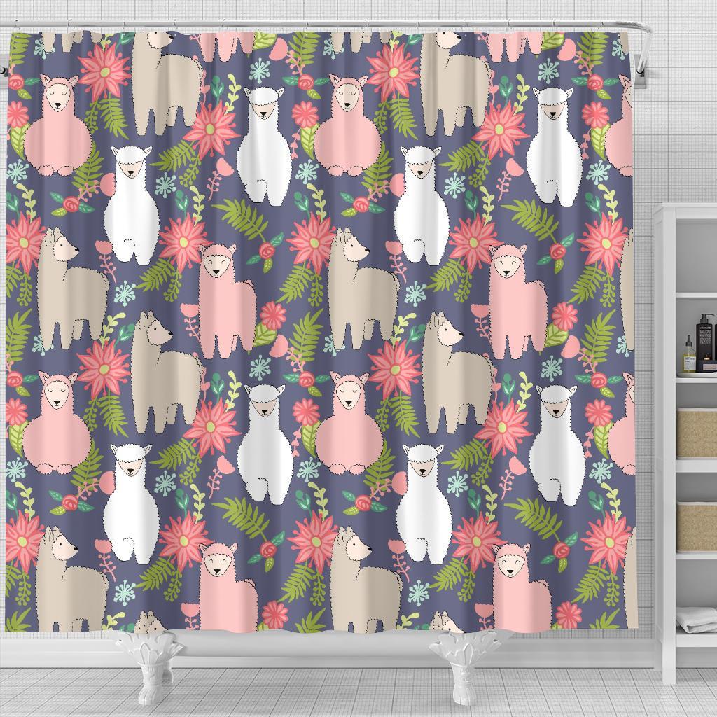 Alpaca Floral Pattern Print Bathroom Shower Curtain-grizzshop