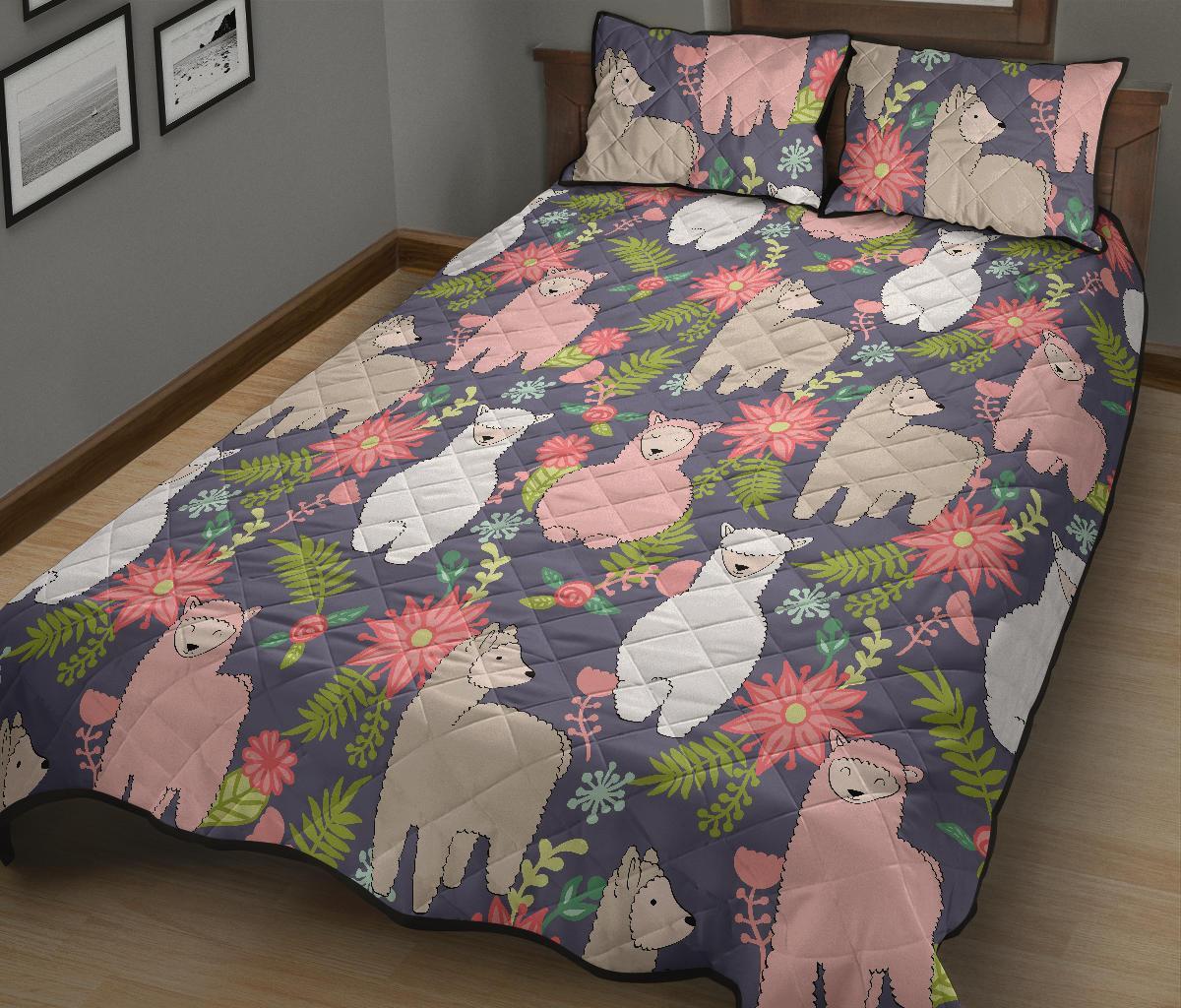 Alpaca Floral Pattern Print Bed Set Quilt-grizzshop