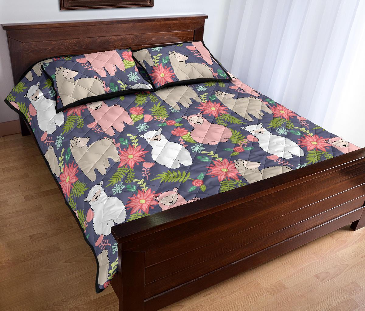 Alpaca Floral Pattern Print Bed Set Quilt-grizzshop