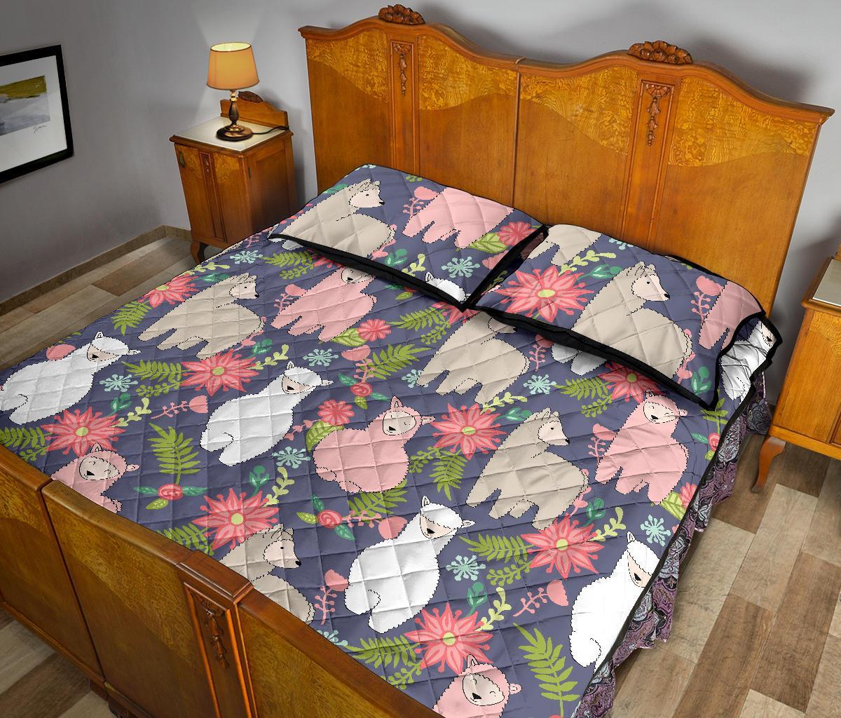 Alpaca Floral Pattern Print Bed Set Quilt-grizzshop