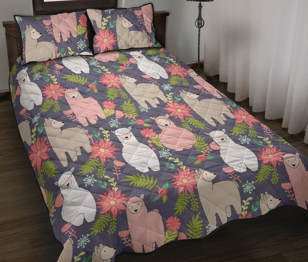 Alpaca Floral Pattern Print Bed Set Quilt-grizzshop