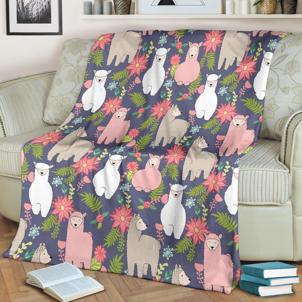 Alpaca Floral Pattern Print Blanket-grizzshop