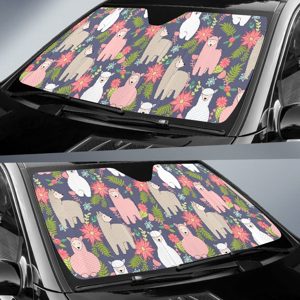 Alpaca Floral Pattern Print Car Sun Shade-grizzshop