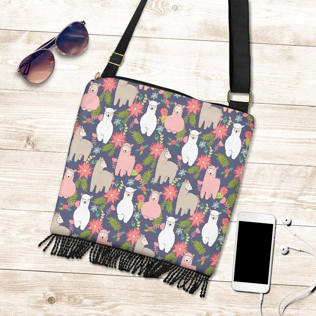 Alpaca Floral Pattern Print Crossbody bags-grizzshop