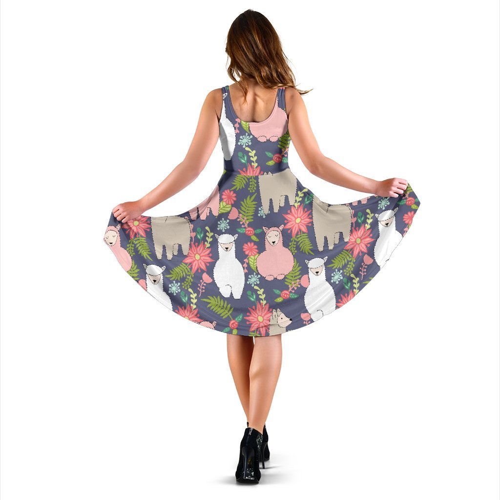 Alpaca Floral Pattern Print Dress-grizzshop