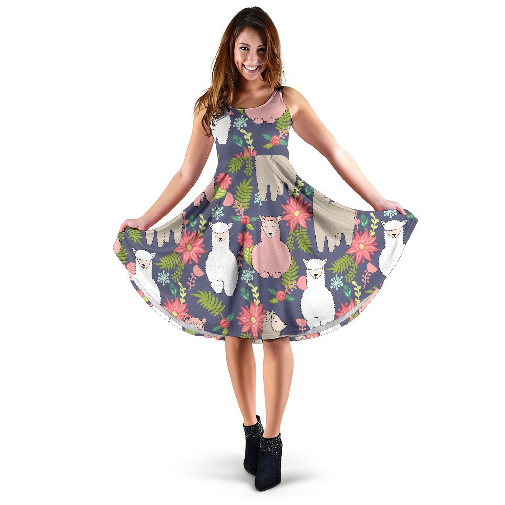 Alpaca Floral Pattern Print Dress-grizzshop