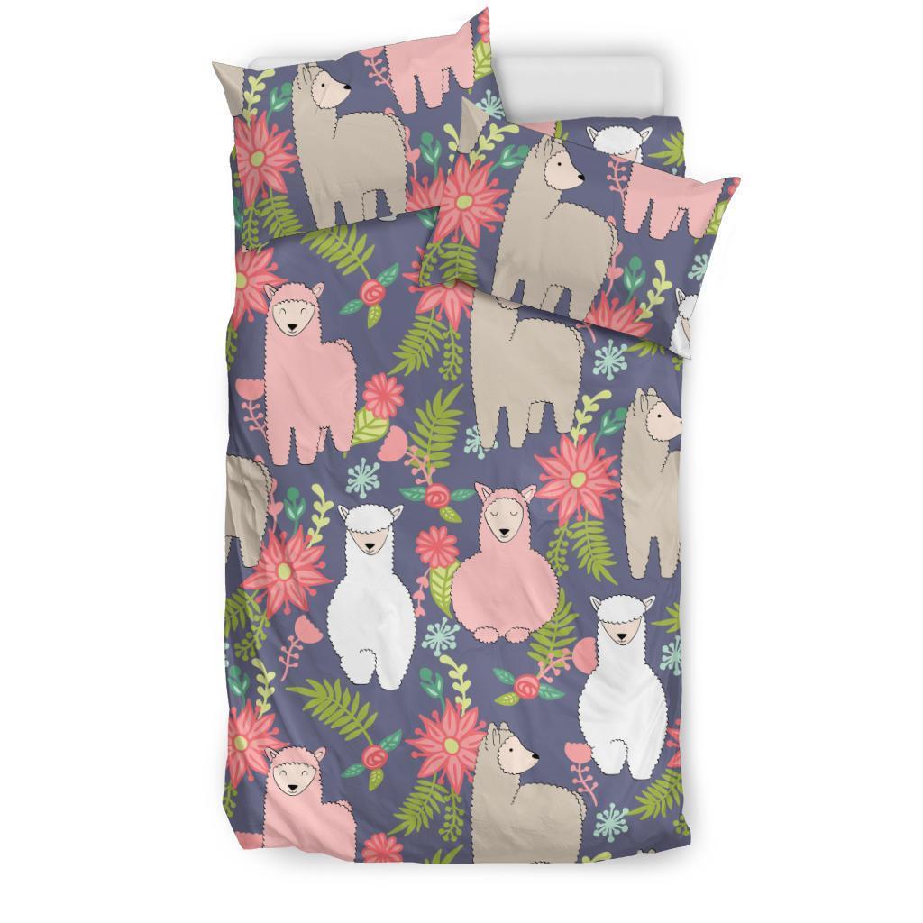 Alpaca Floral Pattern Print Duvet Cover Bedding Set-grizzshop