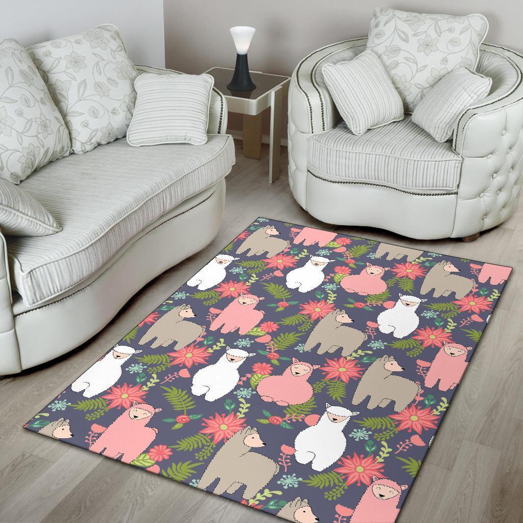 Alpaca Floral Pattern Print Floor Mat-grizzshop