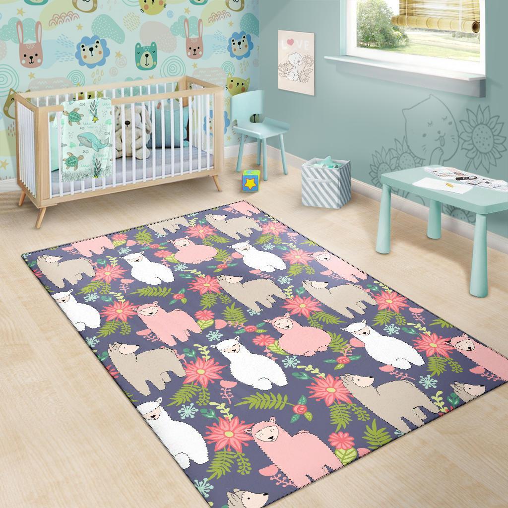 Alpaca Floral Pattern Print Floor Mat-grizzshop