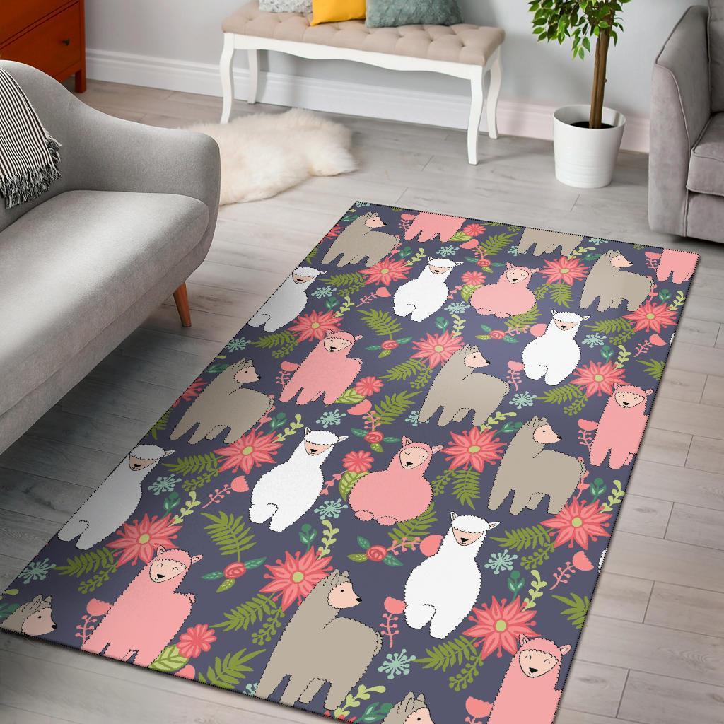 Alpaca Floral Pattern Print Floor Mat-grizzshop