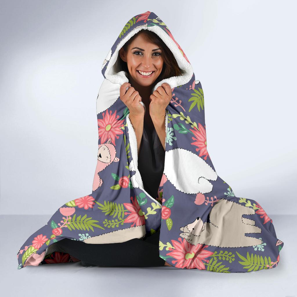 Alpaca Floral Pattern Print Hooded Blanket-grizzshop
